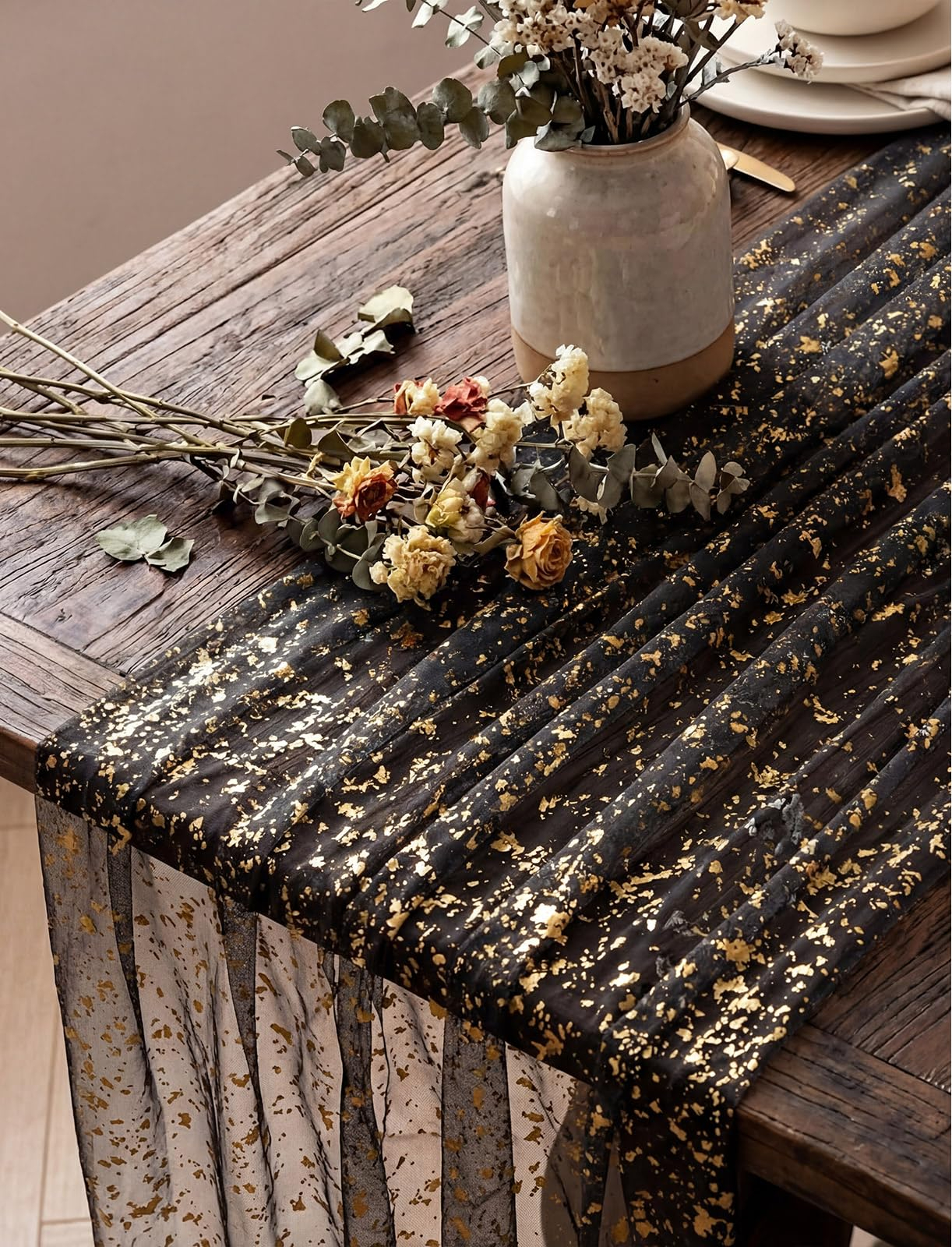 Black and Gold Fleck Table Runner linens rental for weddings, showers, birthdays and corporate events