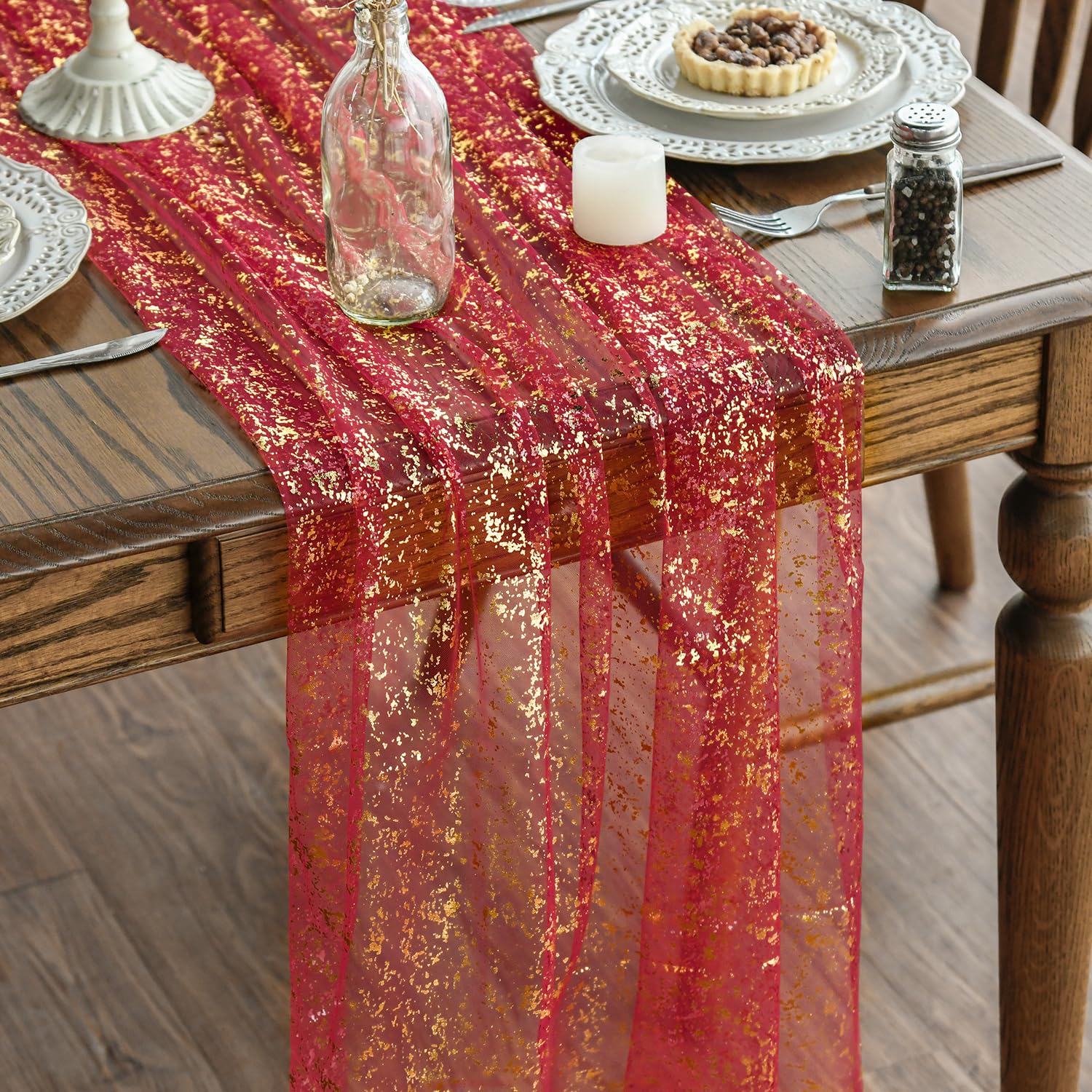 Gold Red and Fleck Table Runner linens rental for weddings, showers, birthdays and corporate events