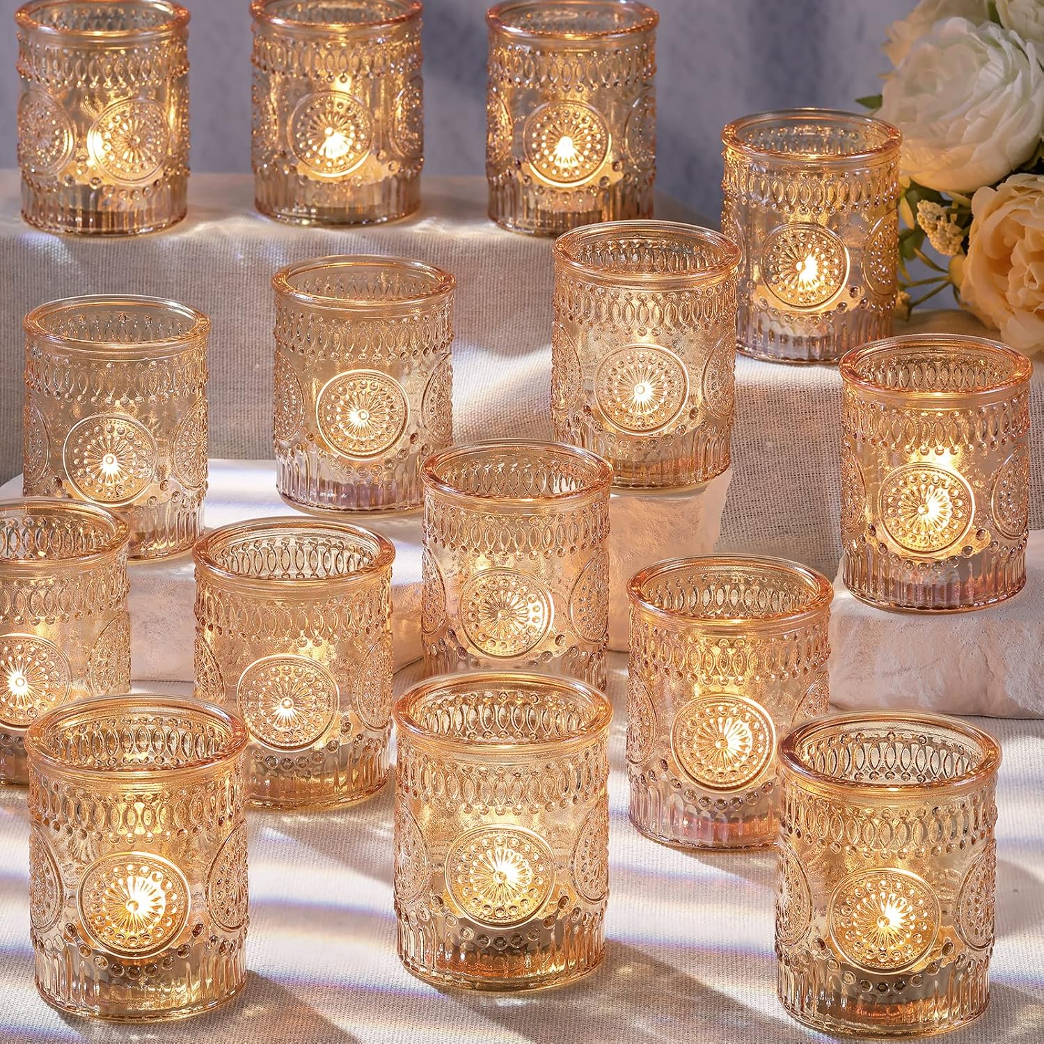 Gold Patterned Votives candle holders rental for weddings, showers, birthdays and corporate events