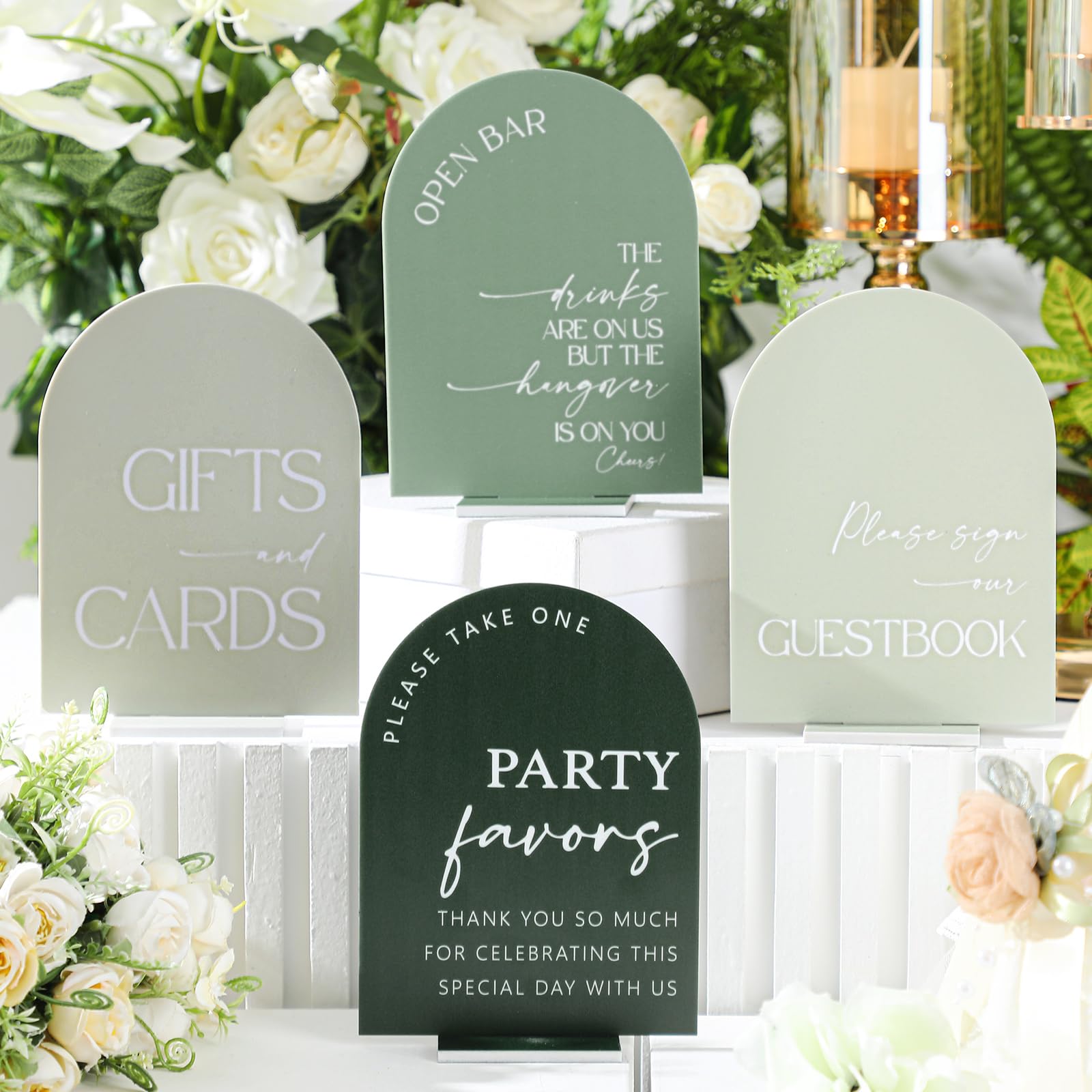 Green Arch with Gifts and Cards, Guest Book, Bar Sign Acrylic signage rental for weddings, showers, birthdays and corporate events