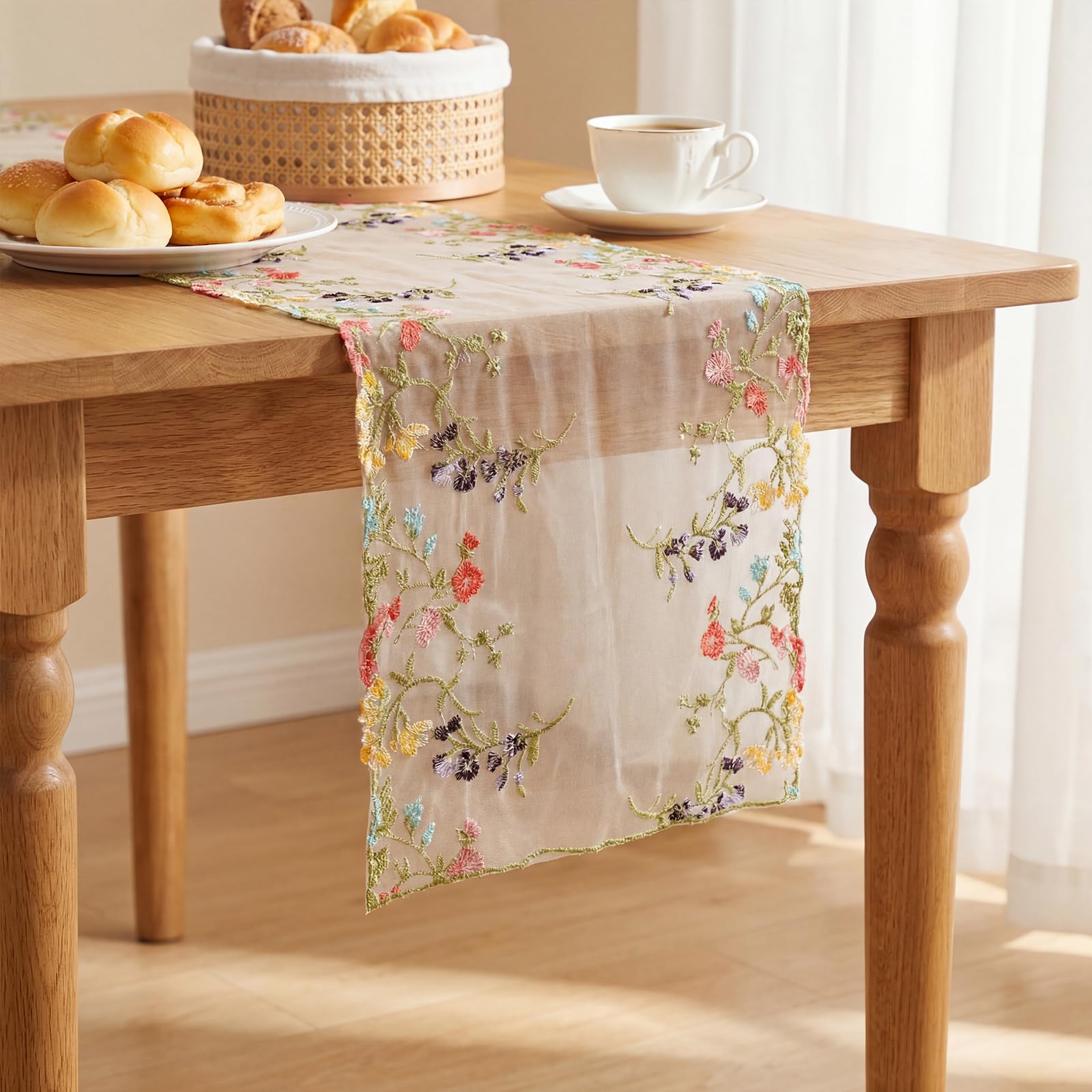 Sheer Wild Flower Embroidered Table Runner linens rental for weddings, showers, birthdays and corporate events