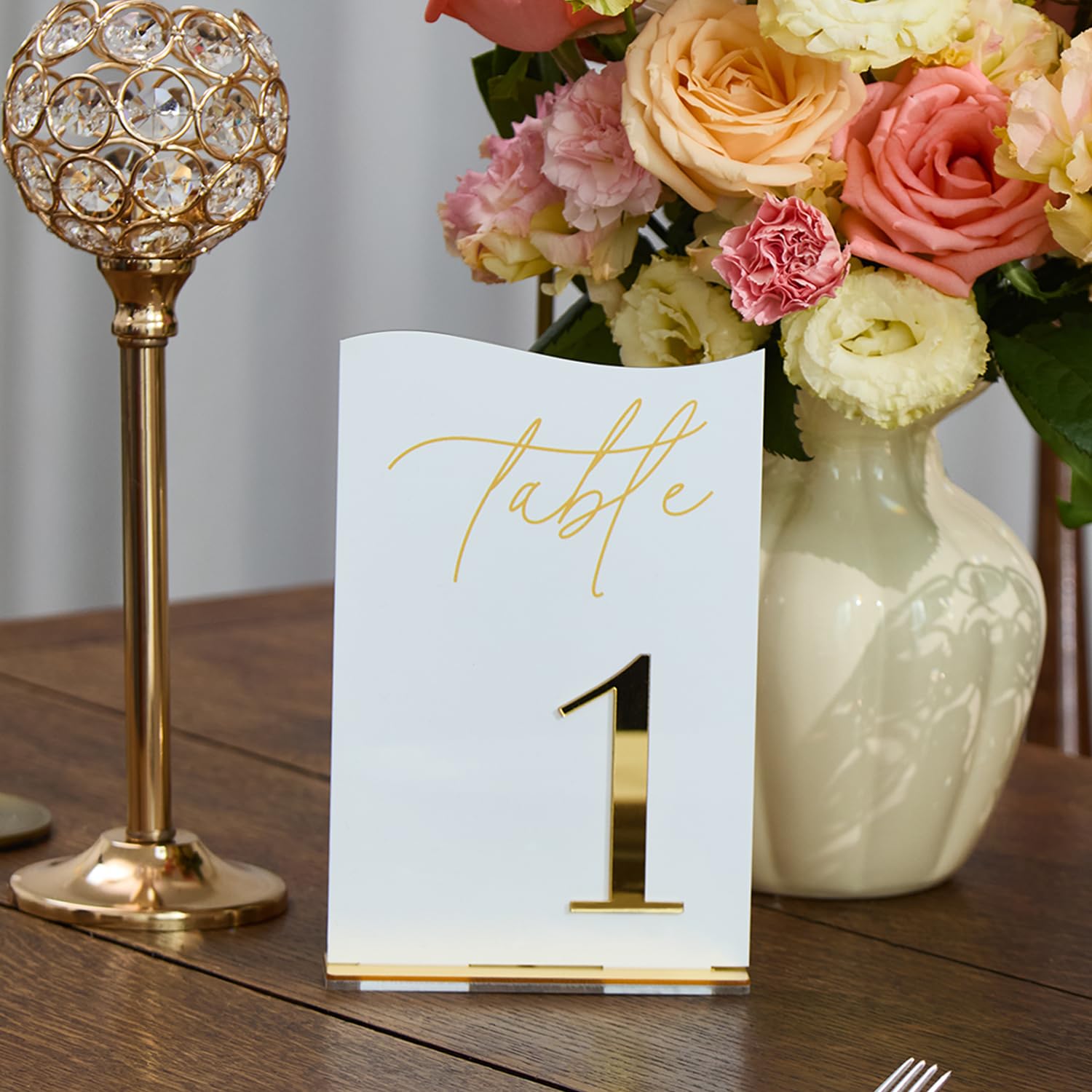 White Wave and Mirrored Gold Table Numbers 1-20 table numbers rental for weddings, showers, birthdays and corporate events