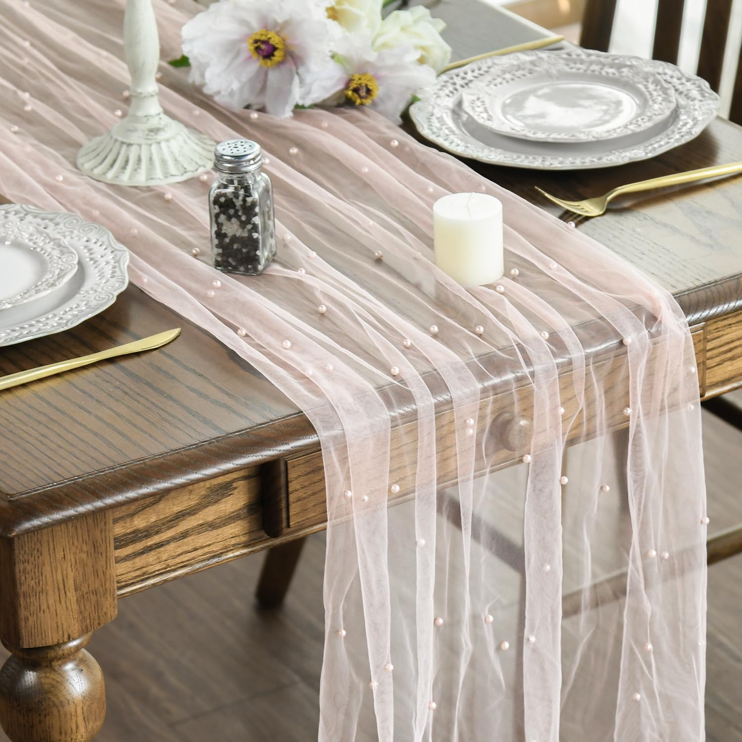 Pink Pearl Table Runner and Swag linens rental for weddings, showers, birthdays and corporate events