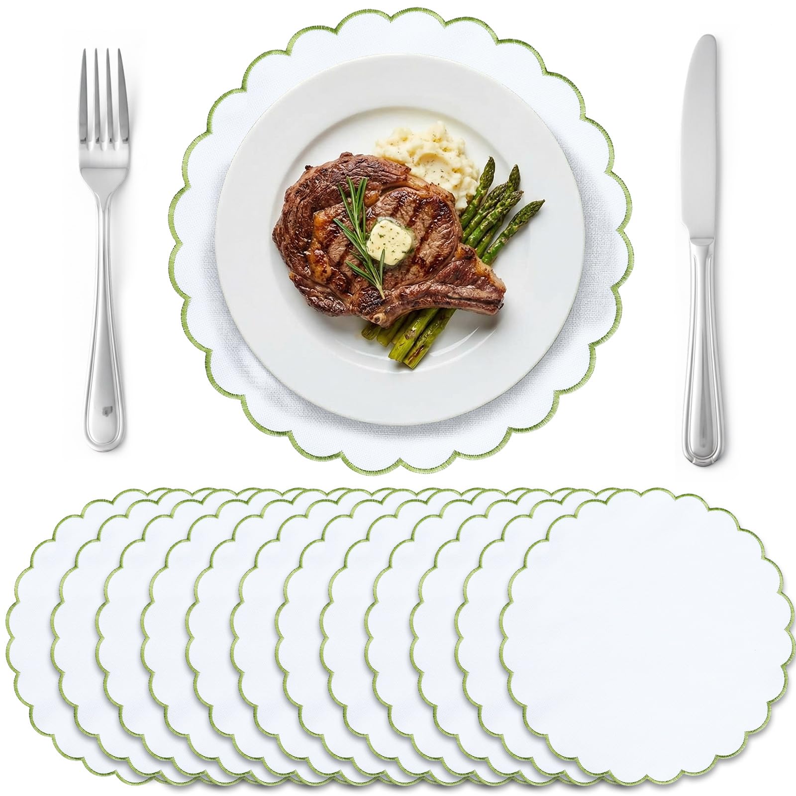 White Green and White Scalloped Placemats chargers rental for weddings, showers, birthdays and corporate events