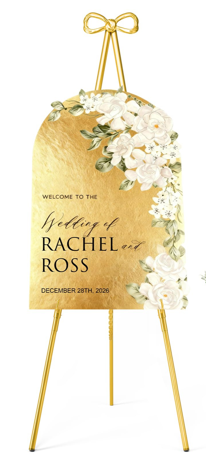 Gold Easel with Bow Top easels and stands rental for weddings, showers, birthdays and corporate events