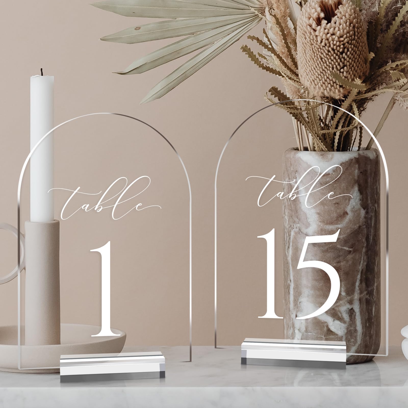 White Clear Arch with White Text Acrylic Table Numbers table numbers rental for weddings, showers, birthdays and corporate events
