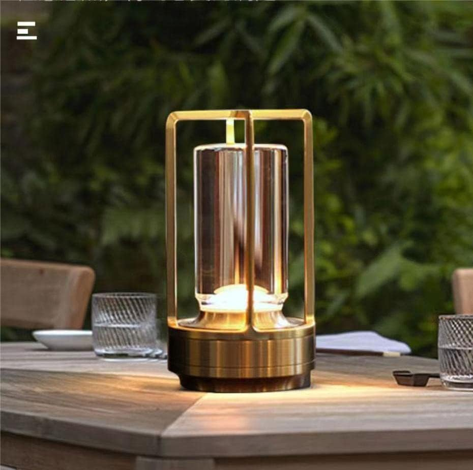 Gold Modern Brass and Gold Glass Cordless Cocktail and Bar Lamp lighting rental for weddings, showers, birthdays and corporate events