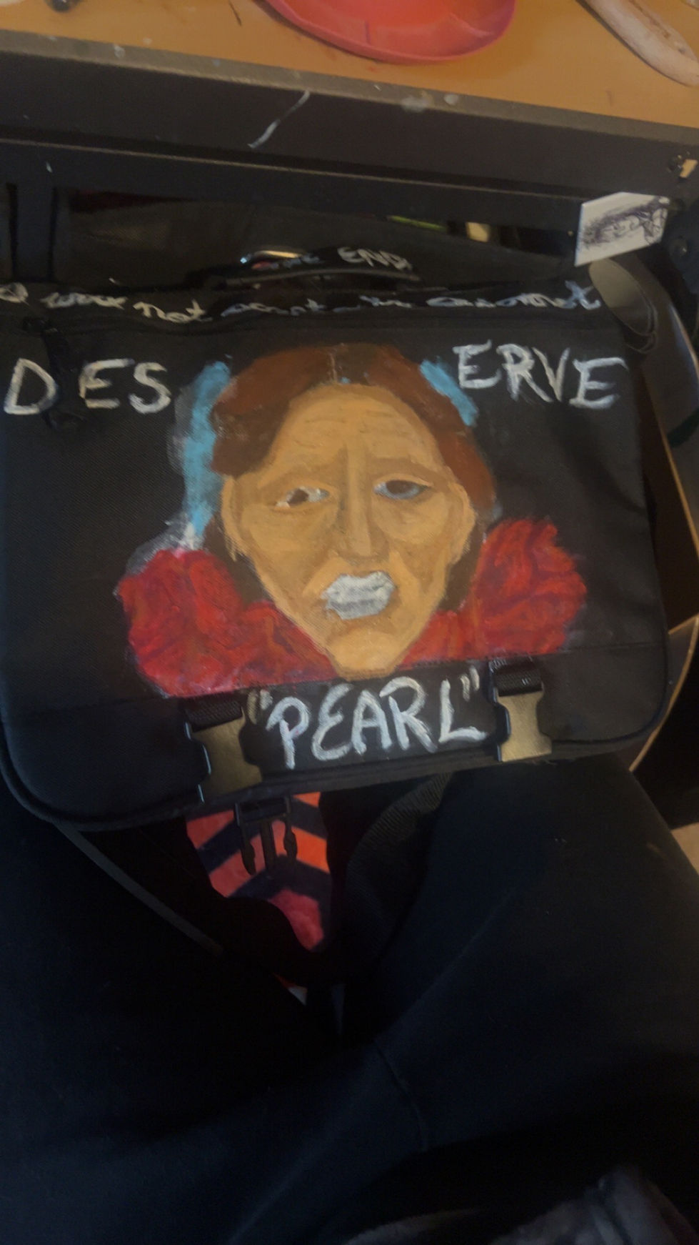 Pearl (movie) bag. Acrylic. 2024. "I won't accept a life I do not deserve."