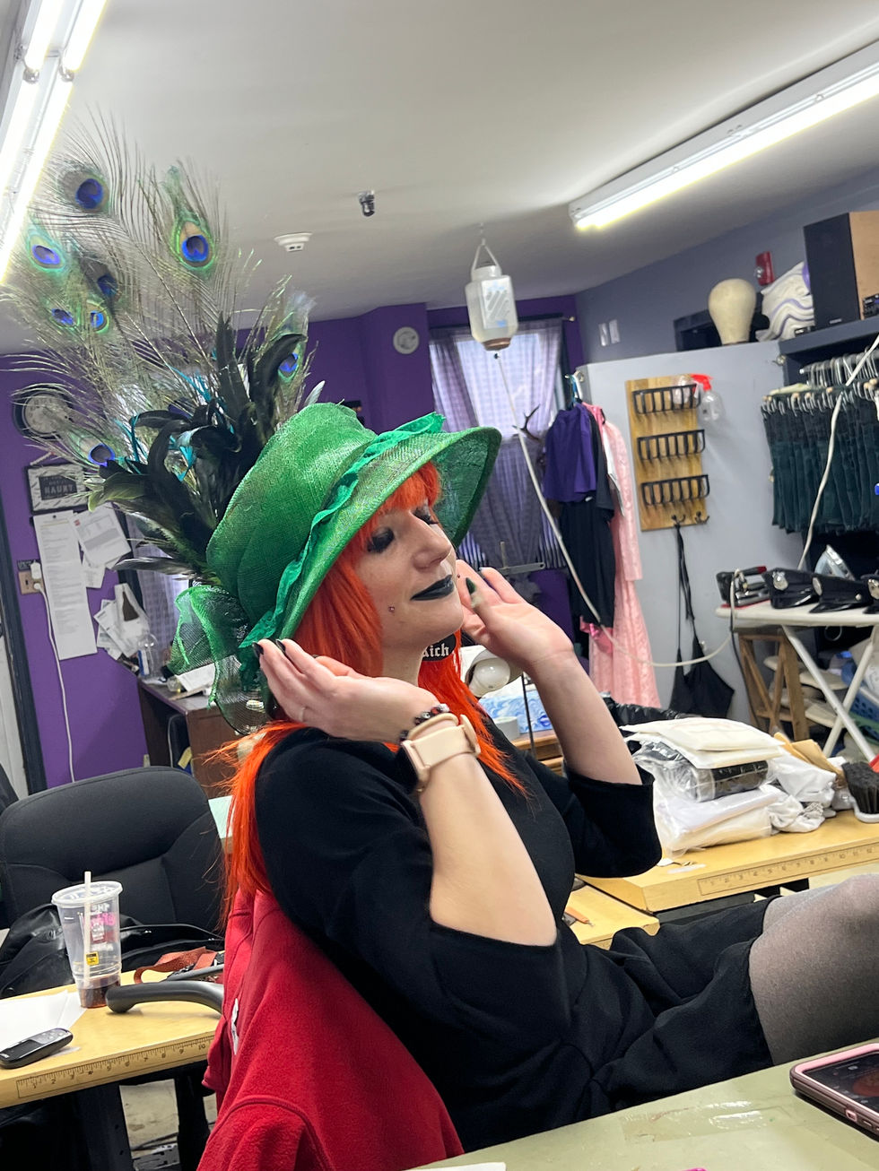 Clue. The Gateway Playhouse. 2023. Ms. Peacock intro hat (modeled by shop manager).