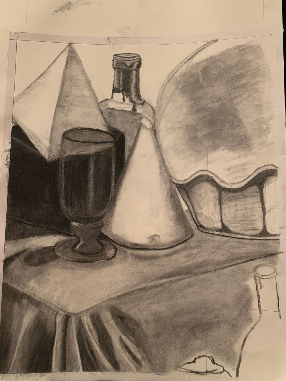 Drawing from Perspective. Graphite on paper. 2021. Intermediate, table, bowl, & bottle development.