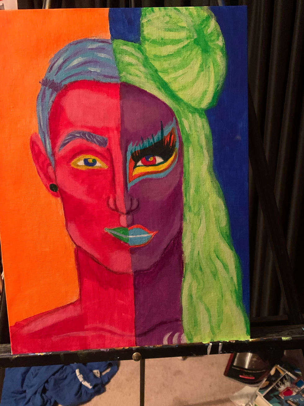 Split image pop art. Acrylic. 2020/2021. Portrait of a friend in & out of drag, Finished!