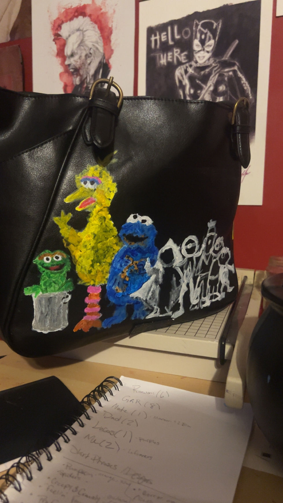 Sesame Street bag. Acrylic on leather. 2024. Character block in.