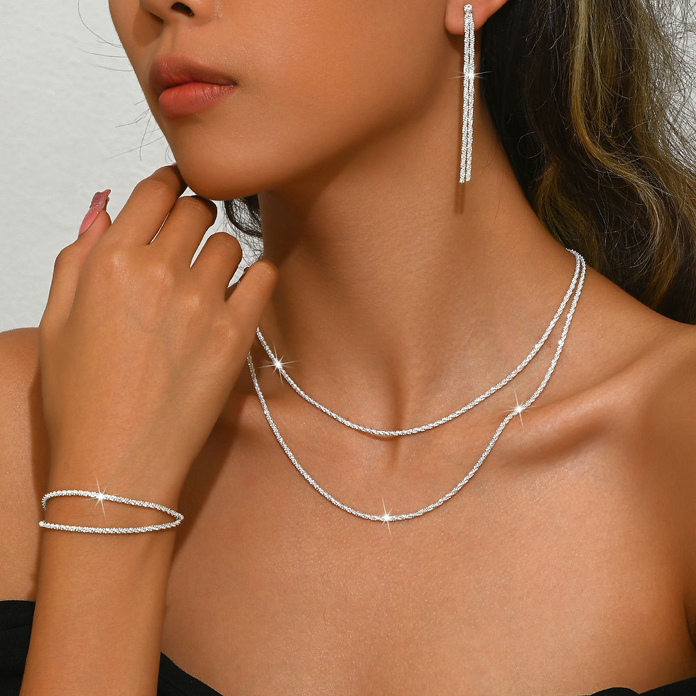 Miniatura: Set of Shiny Silver Plated Collarbone Chain Necklace Bracelet Jewelry, Women's M