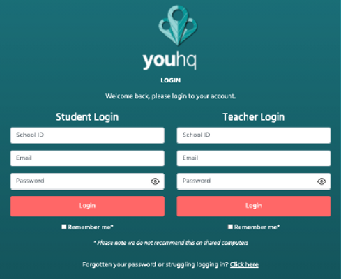 youHQ wellbeing and personal development login screen for students and for teachers
