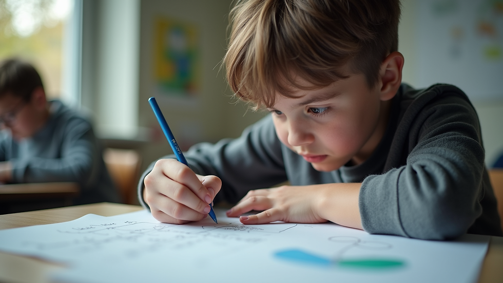 Eye-level view of a student focused on solving maths problems
