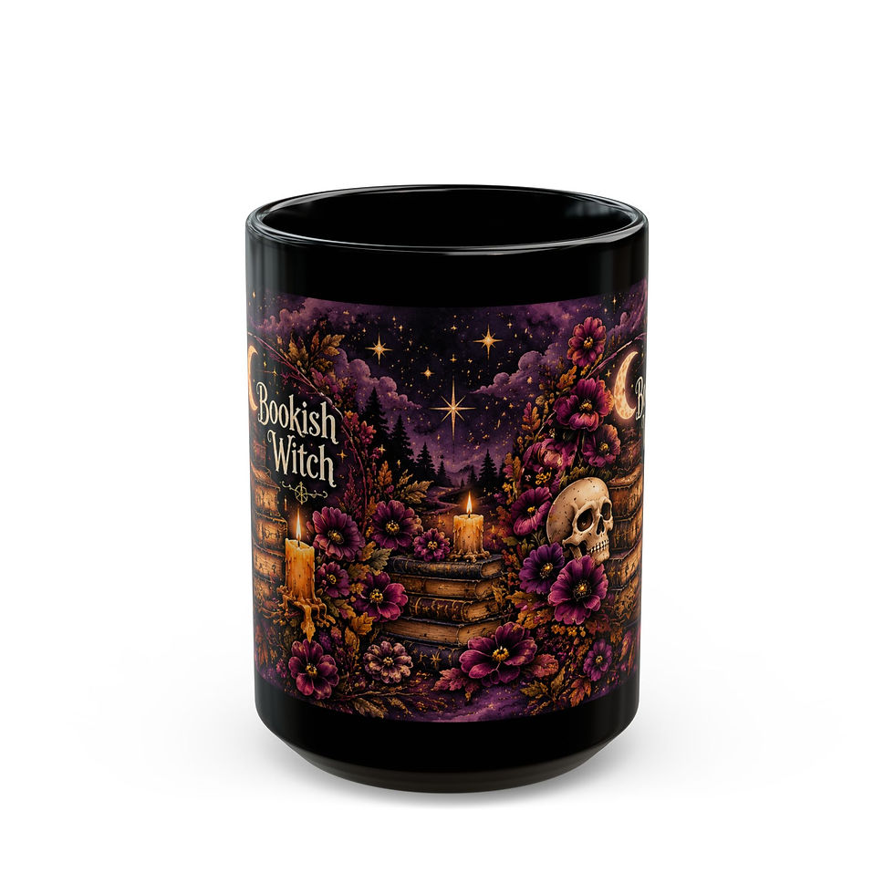 Black Bookish Witch mug with books, skull, candles and purple flowers; wraparound artwork view
