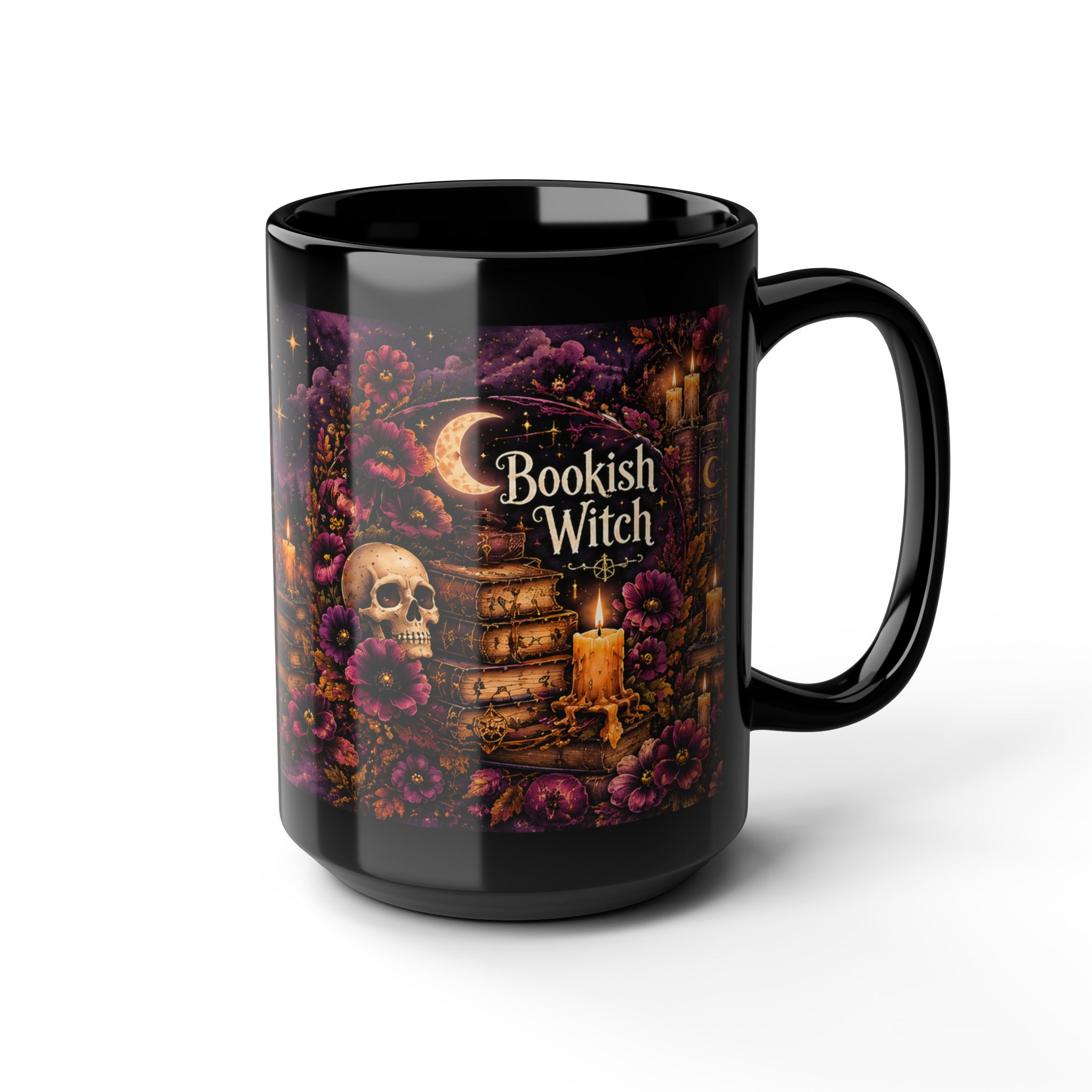 Black Bookish Witch mug with books, skull, candles and purple flowers; angled view, handle right