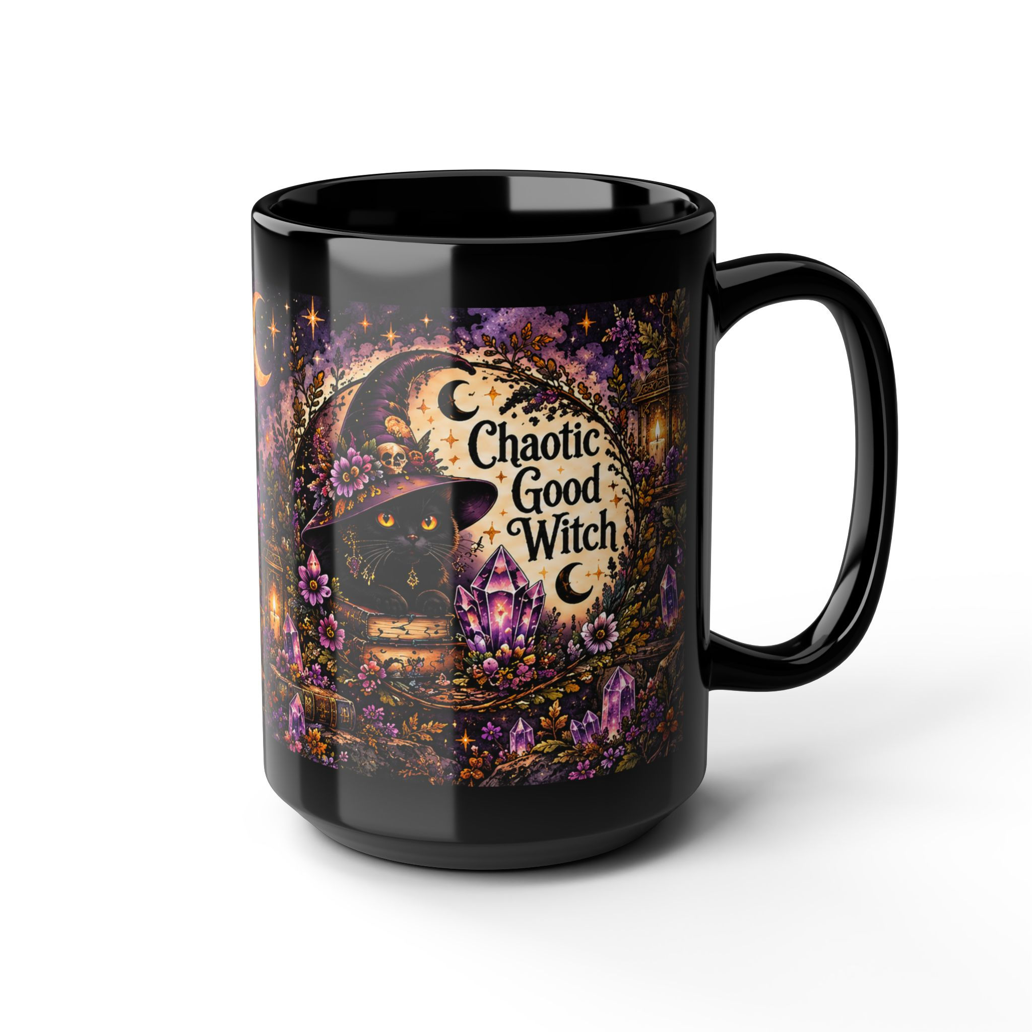 Black Chaotic Good Witch mug with a black cat, crescent moon and purple flowers; angled view, handle right