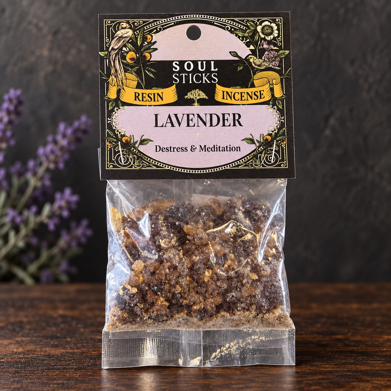 Front of Soul Sticks Lavender resin incense package