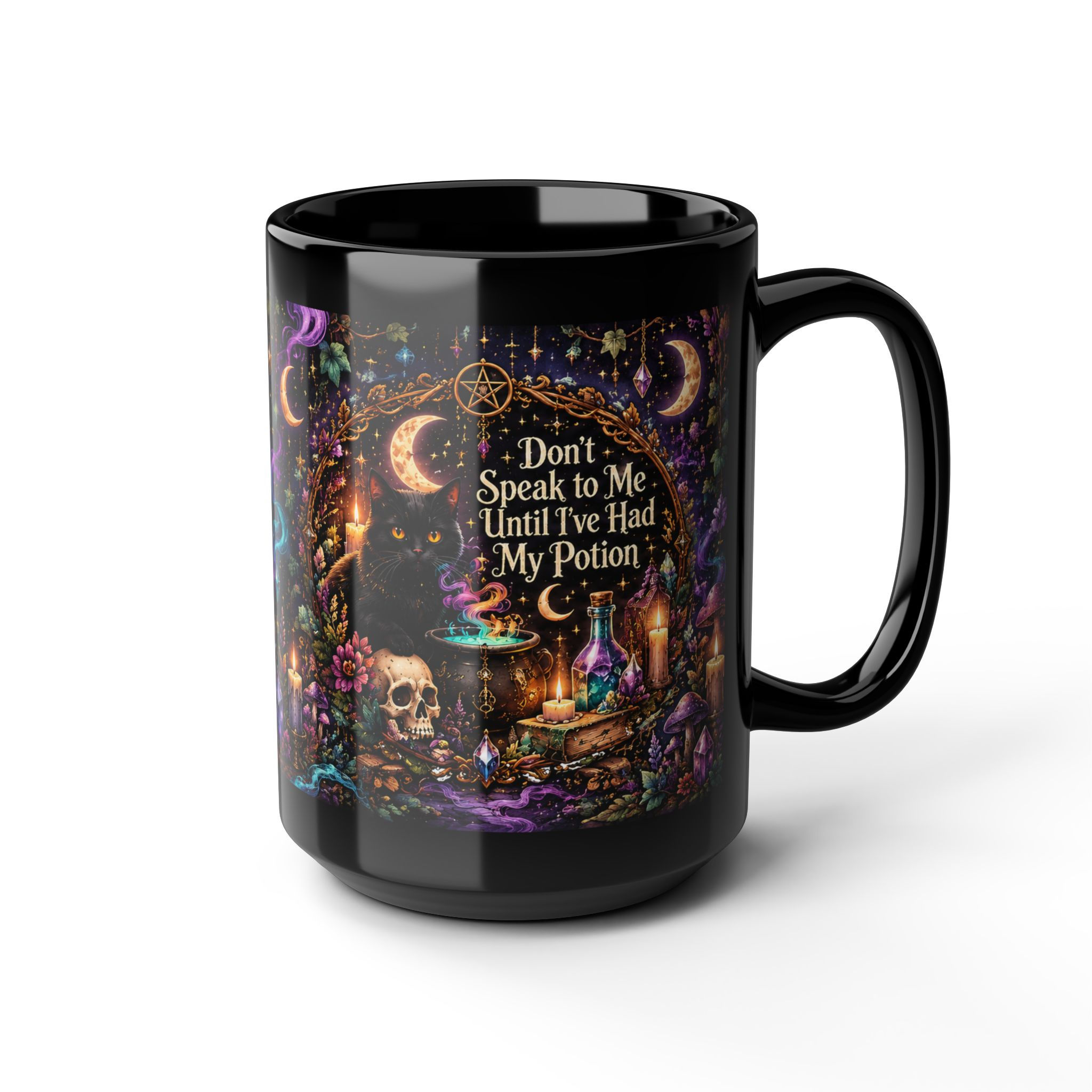 Black Dont Speak to Me Until Ive Had My Potion mug with a cauldron, skull and candles; angled view, handle right