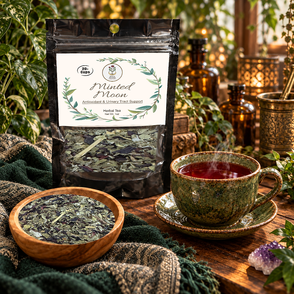 Minted Moon tea pouch with its current label, ruby brewed tea and real loose blend in a bohemian botanical setting