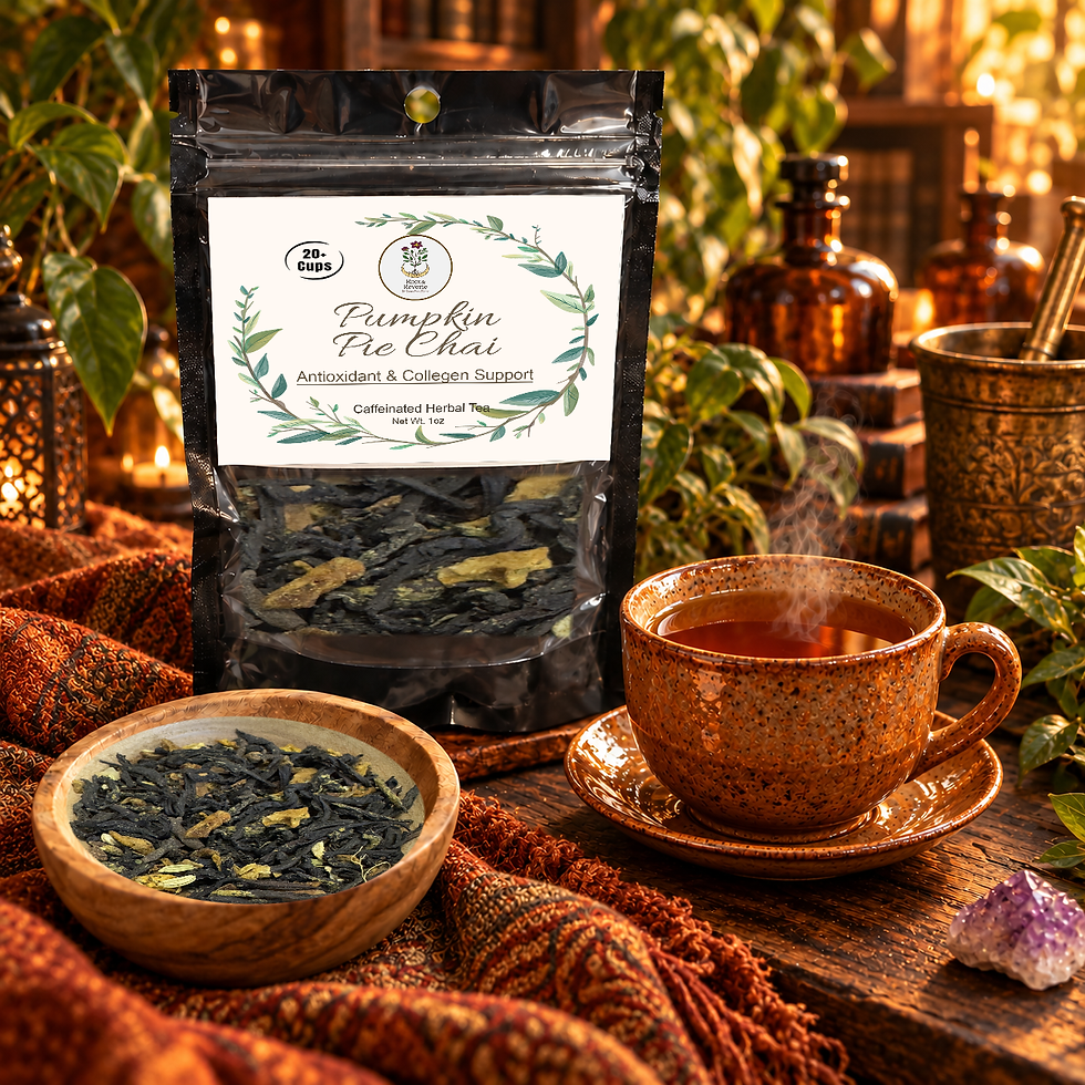 Pumpkin Pie Chai tea pouch with its current label, amber brewed tea and real loose blend in a bohemian botanical setting