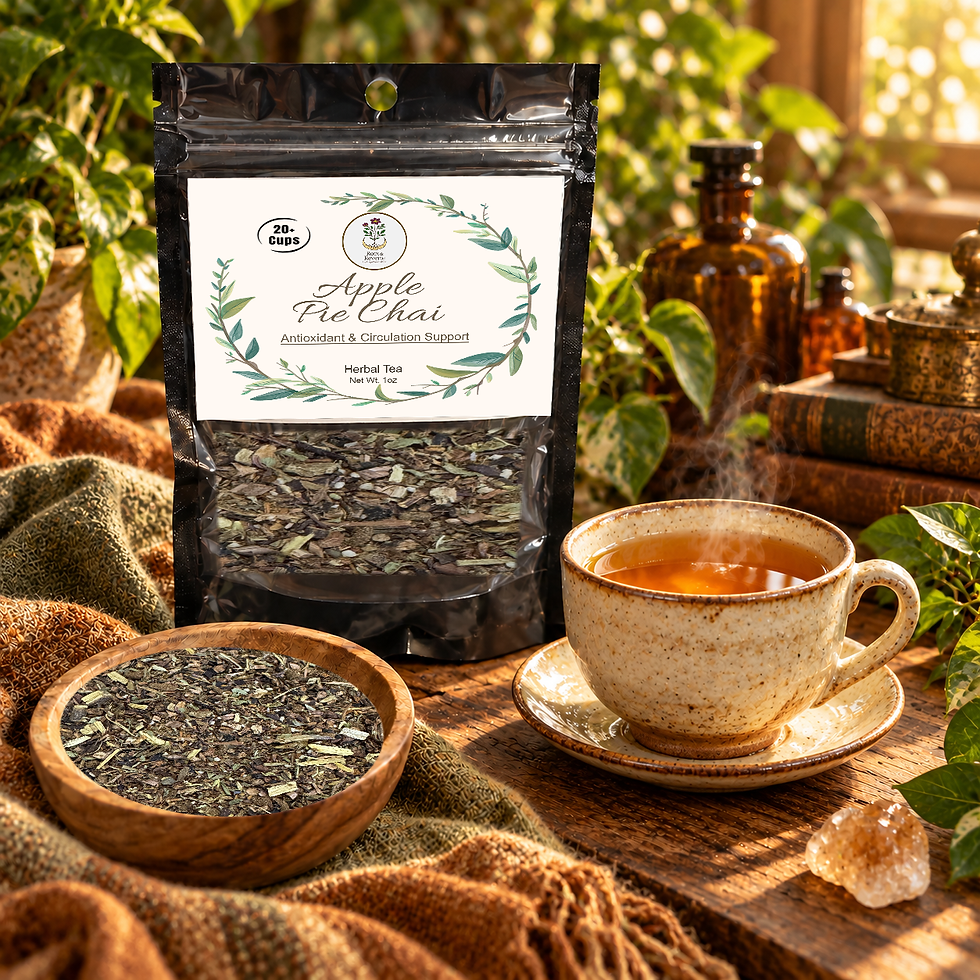 Apple Pie Chai tea pouch with its current label, amber brewed tea and real loose blend in a bohemian botanical setting