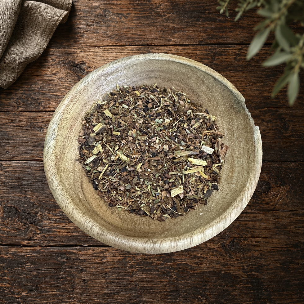 Real Apple Pie Chai loose tea blend in the original wooden bowl on a warm wood table