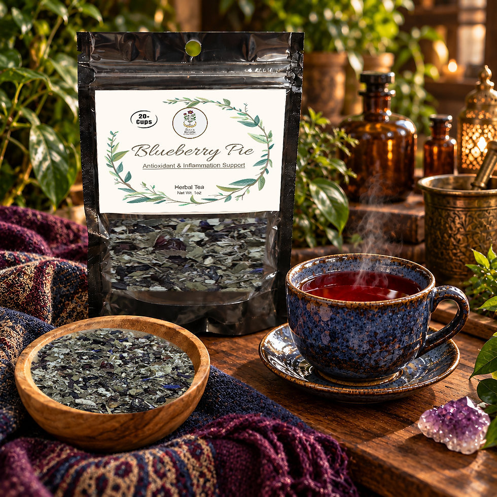 Blueberry Pie tea pouch with its current label, ruby brewed tea and real loose blend in a bohemian botanical setting