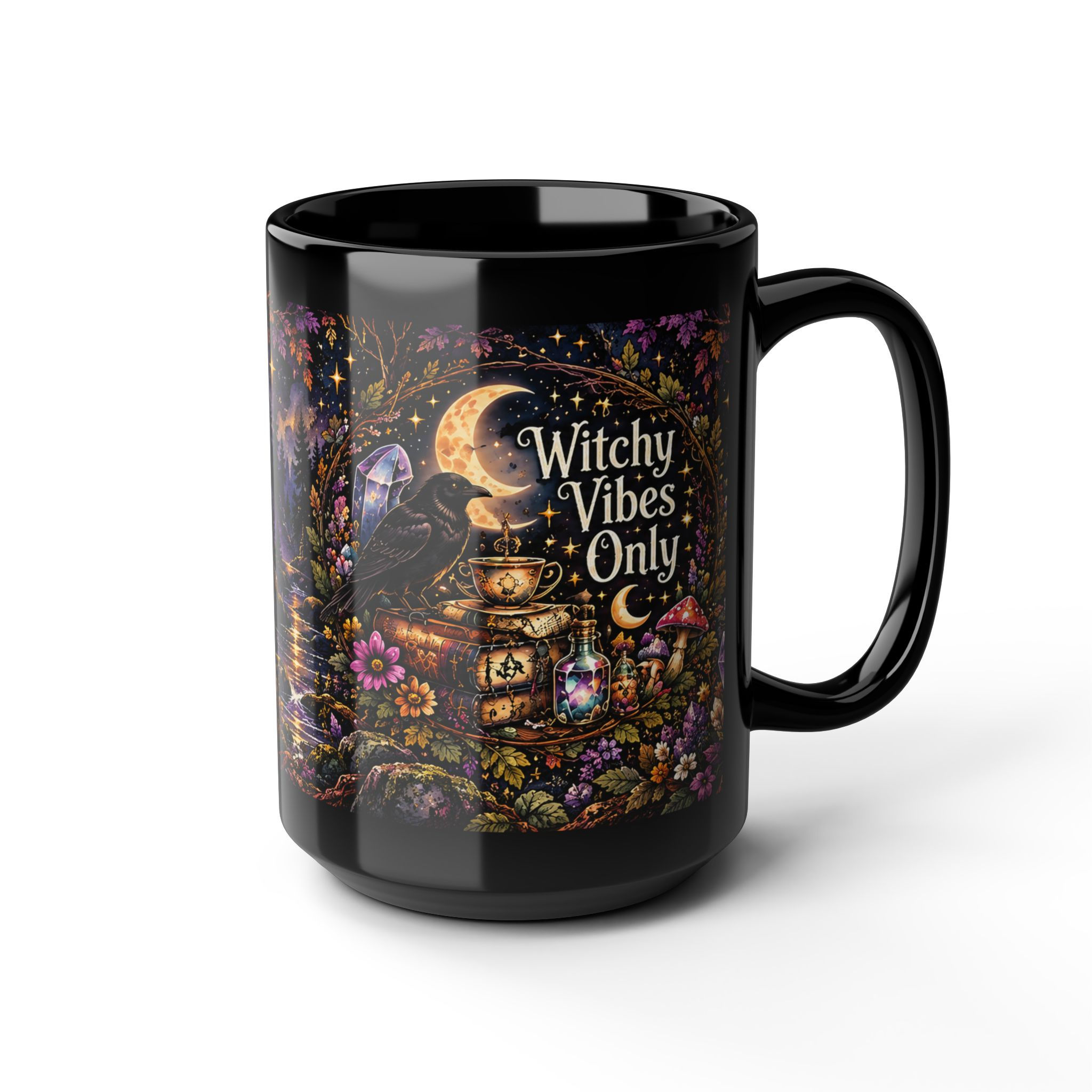 Black Witchy Vibes Only mug with a raven, books, mushrooms and crescent moon; angled view, handle right