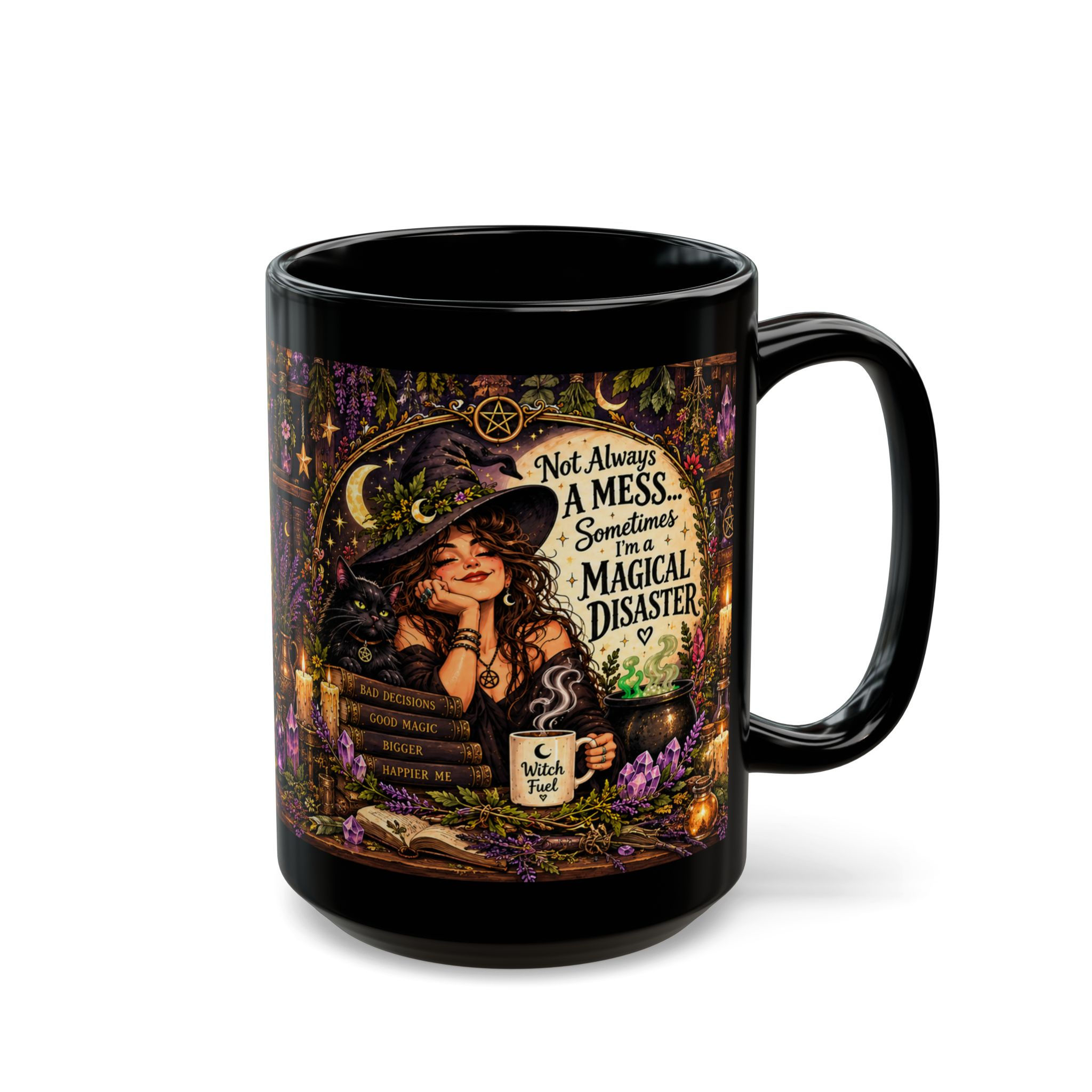 Black Magical Disaster mug with a witch, books, candles and a steaming cup; front view, handle right