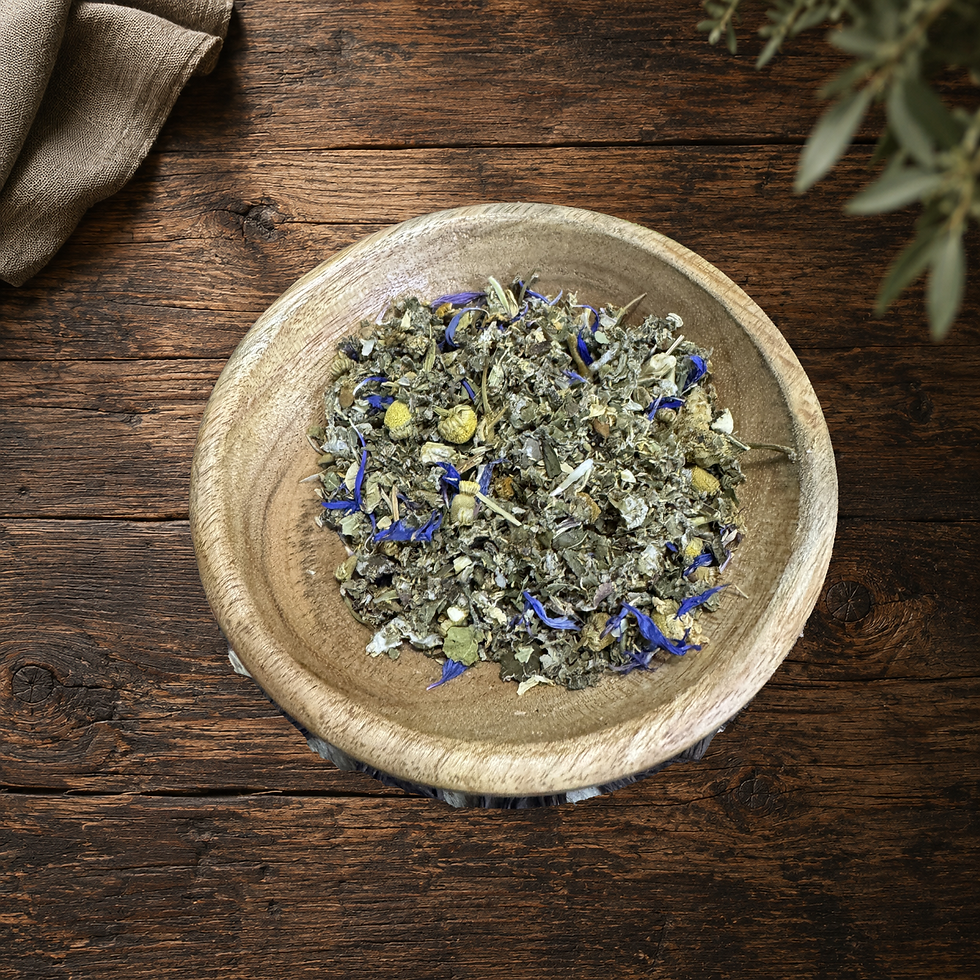 Real Vanilla Pear loose tea blend in the original wooden bowl on a warm wood table