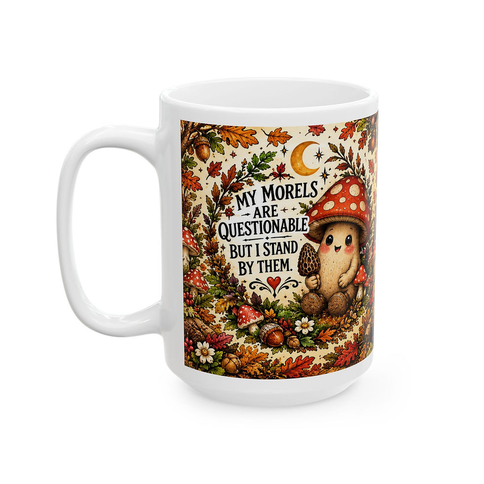 White My Morels Are Questionable mug with smiling mushrooms and autumn leaves; front view, handle left