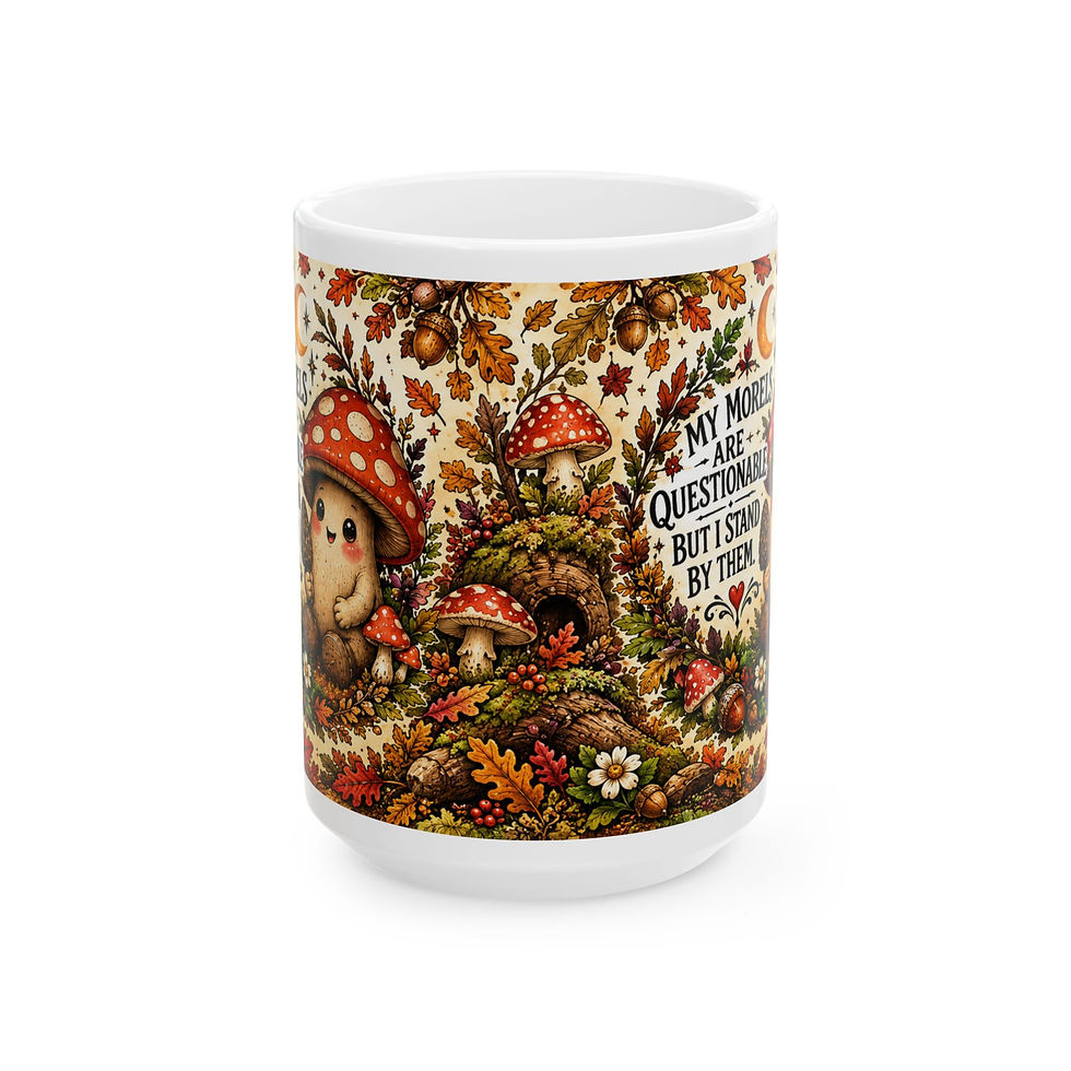 White My Morels Are Questionable mug with smiling mushrooms and autumn leaves; wraparound artwork view
