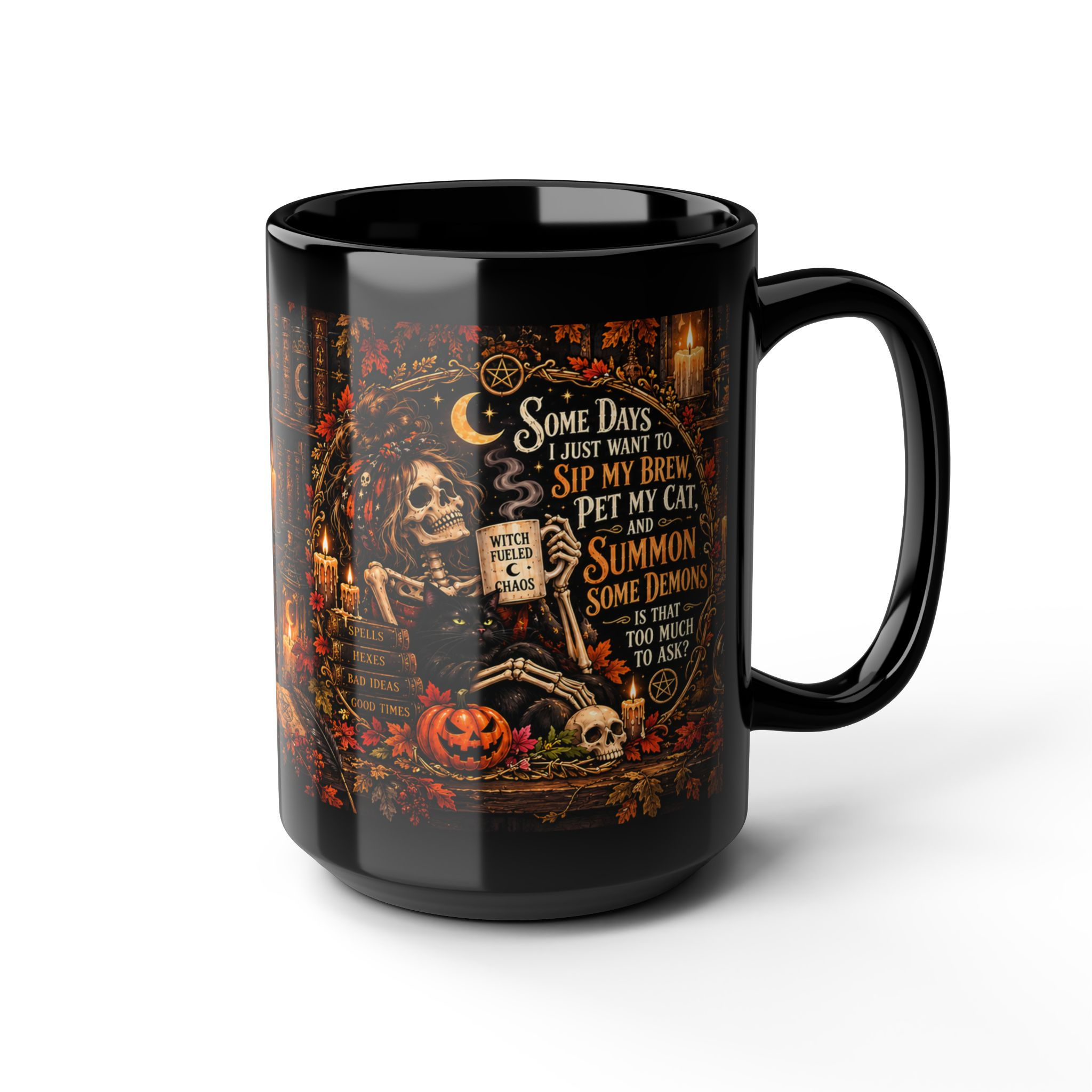 Black Some Days I Just Want to Sip My Brew mug with a skeleton, books and pumpkins; angled view, handle right