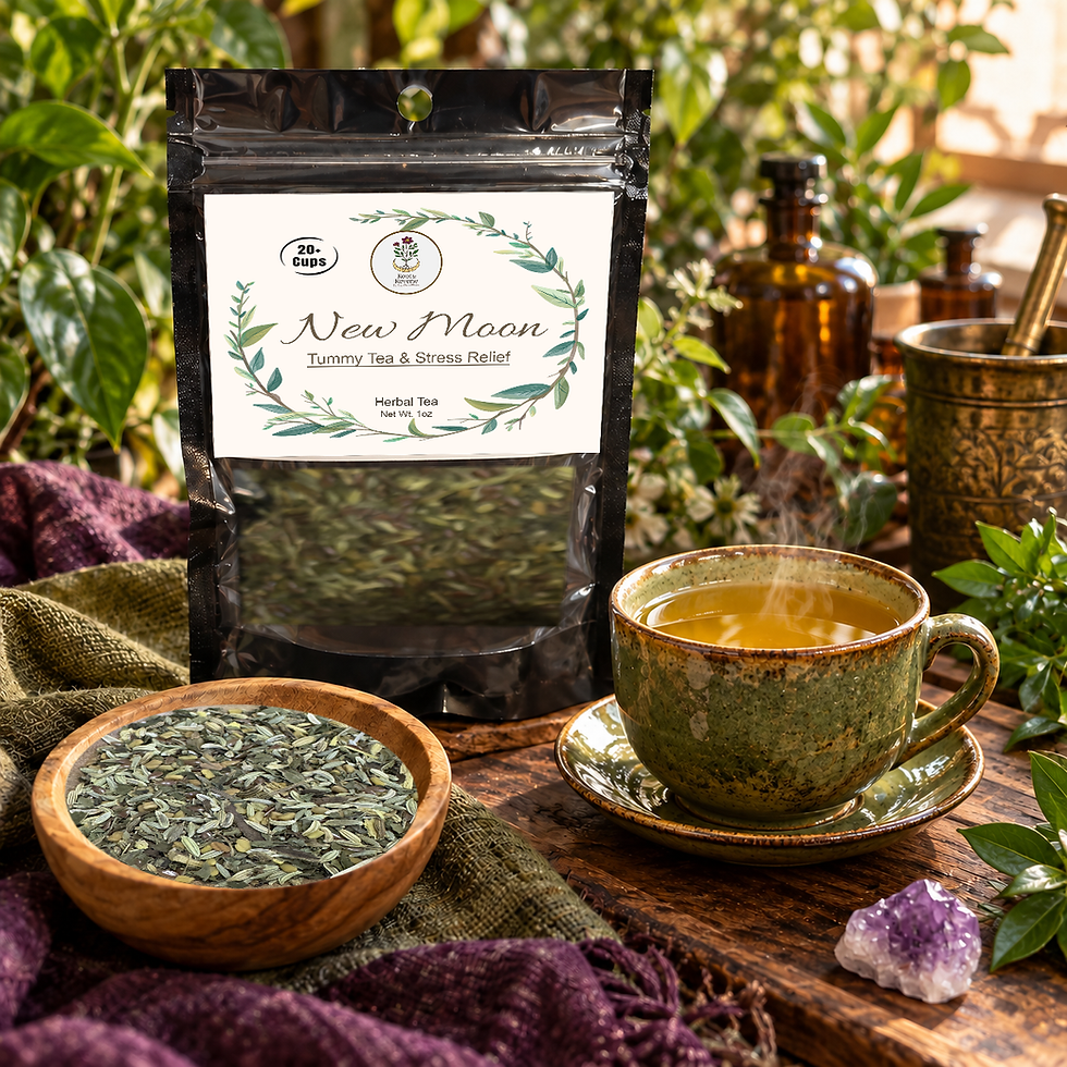New Moon tea pouch with its current label, golden brewed tea and real loose blend in a botanical apothecary setting