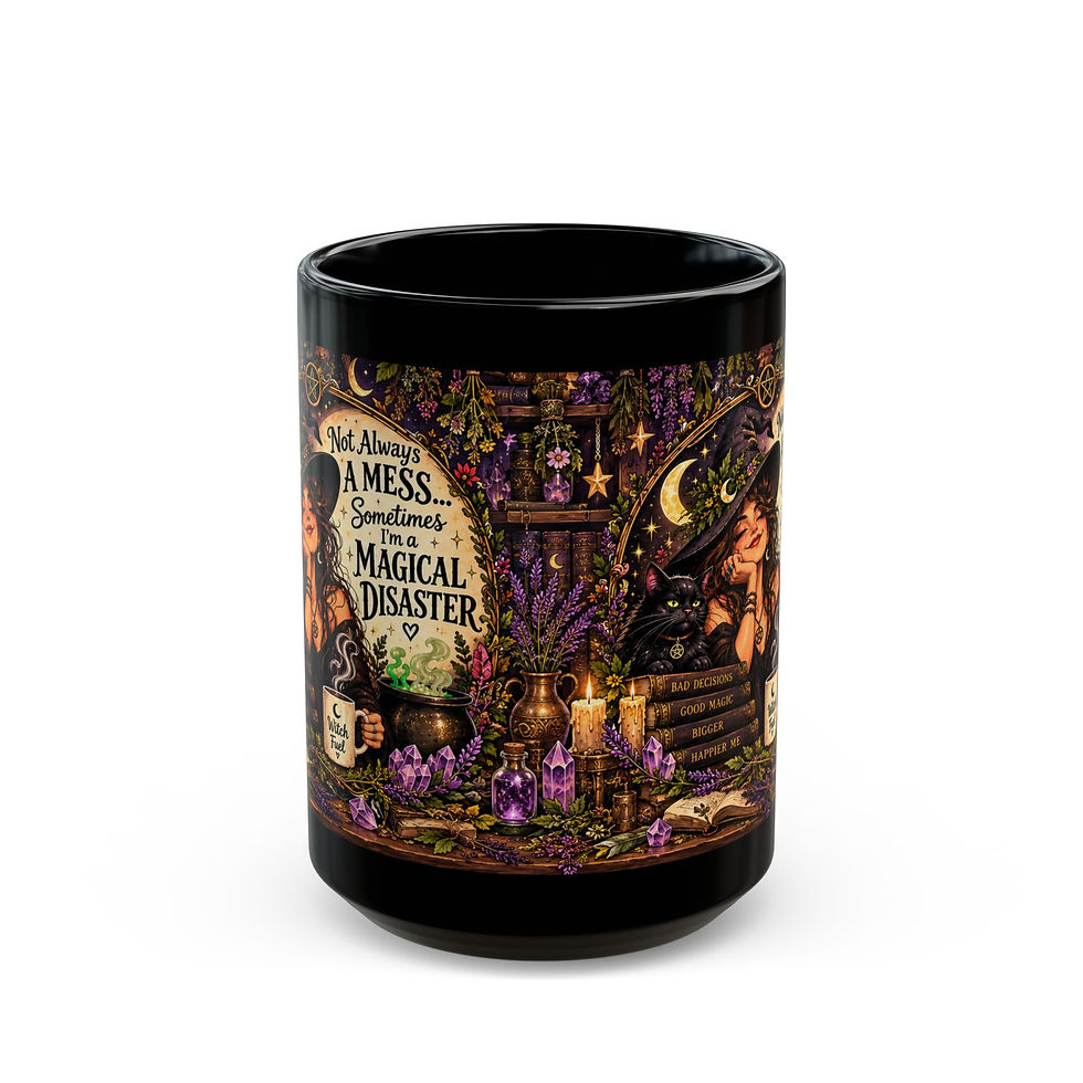 Black Magical Disaster mug with a witch, books, candles and a steaming cup; wraparound artwork view
