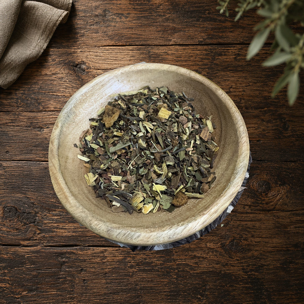 Real Peach Cobbler loose tea blend in the original wooden bowl on a warm wood table