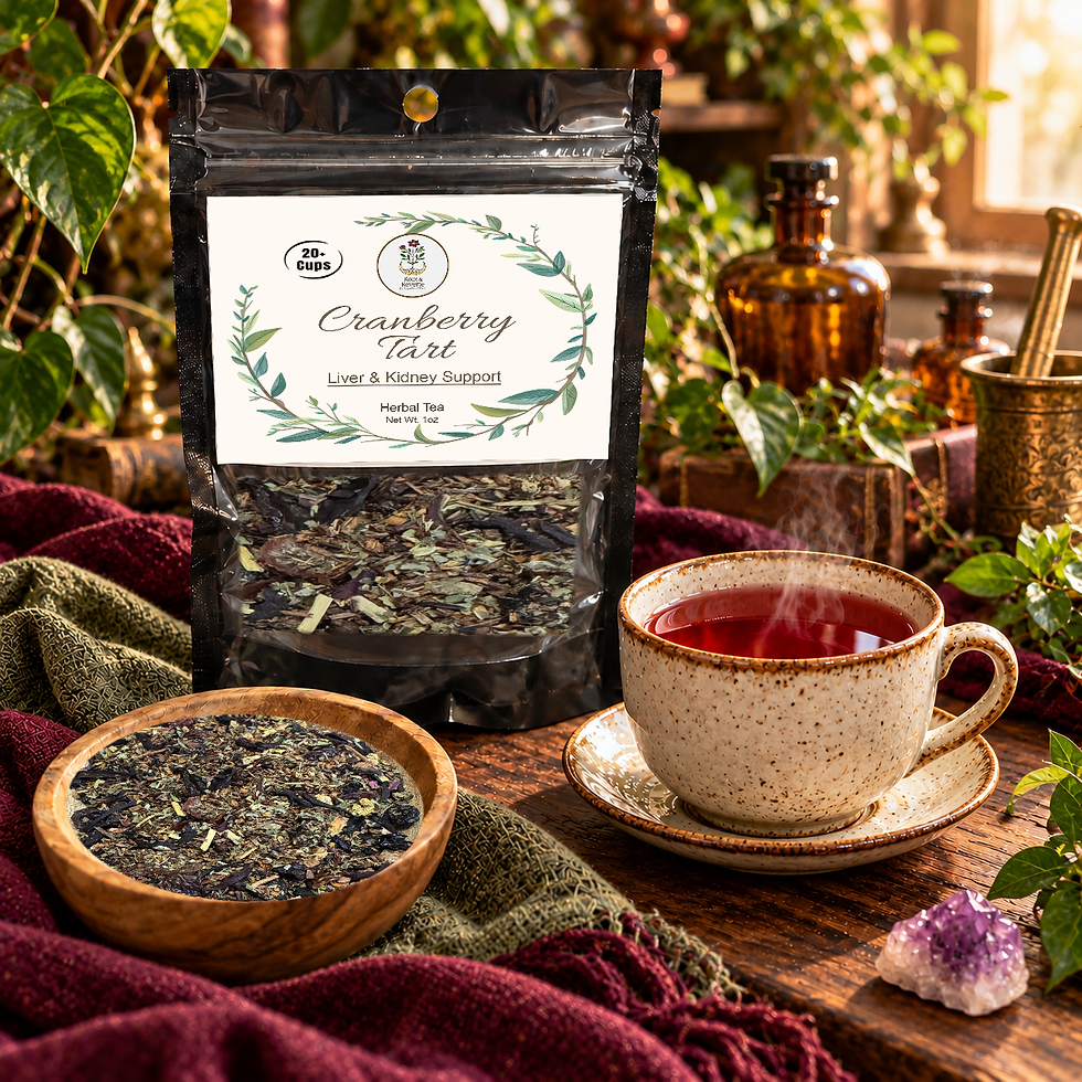 Cranberry Tart tea pouch with its current label, ruby brewed tea and real loose blend in a bohemian botanical setting