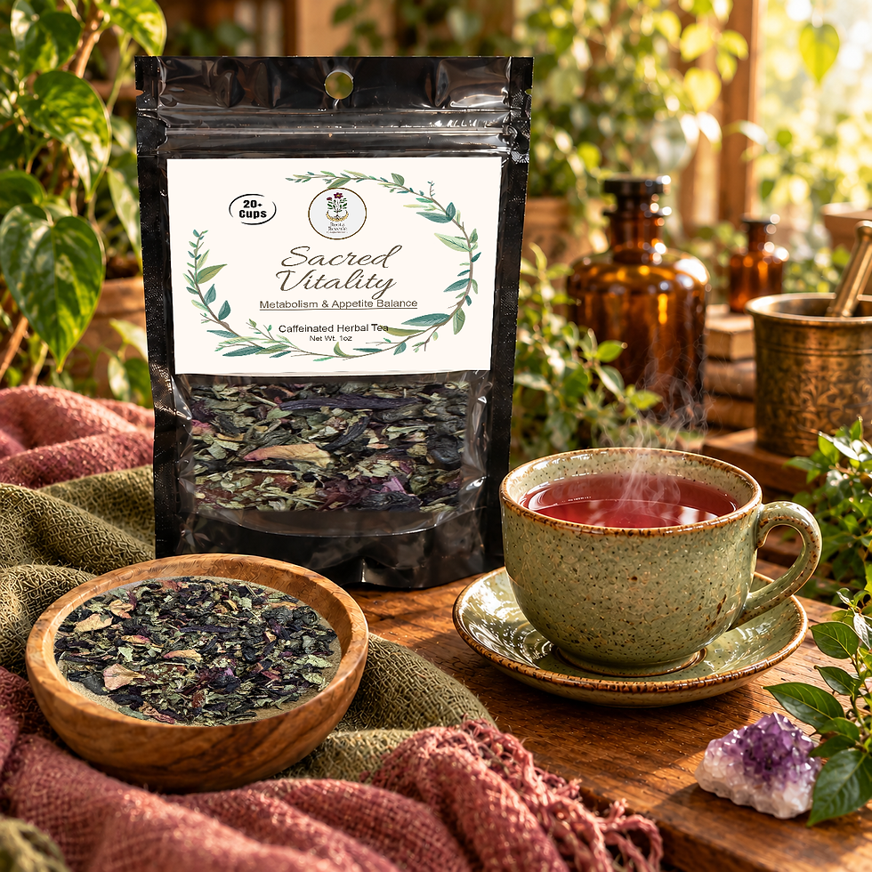 Sacred Vitality tea pouch with its current label, rose red brewed tea and real loose blend in a bohemian botanical setting