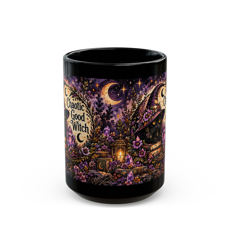 Black Chaotic Good Witch mug with a black cat, crescent moon and purple flowers; wraparound artwork view