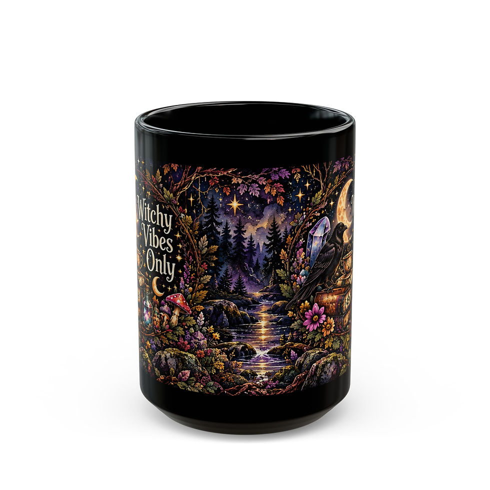 Black Witchy Vibes Only mug with a raven, books, mushrooms and crescent moon; wraparound artwork view