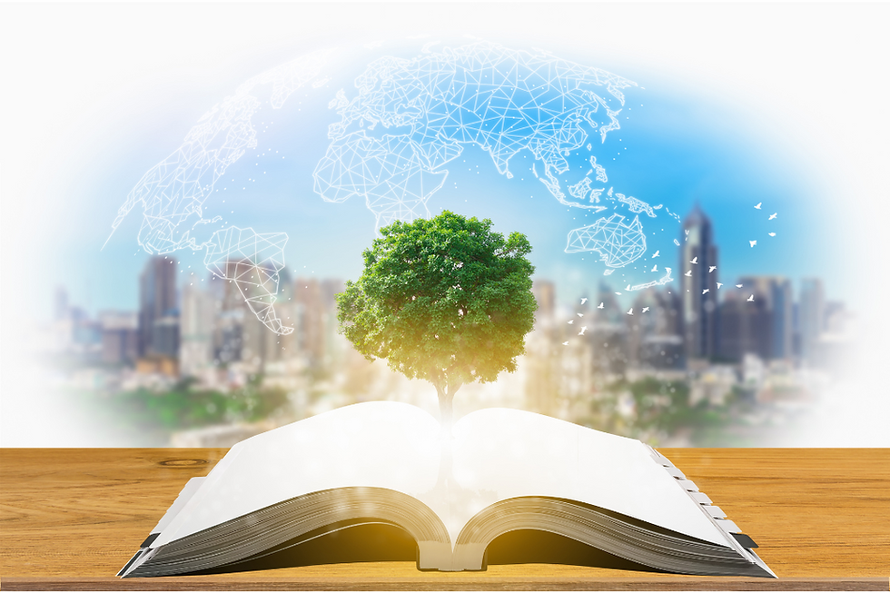 tree growing out of book against metropolitan backdrop metaphor for learning ecosystem