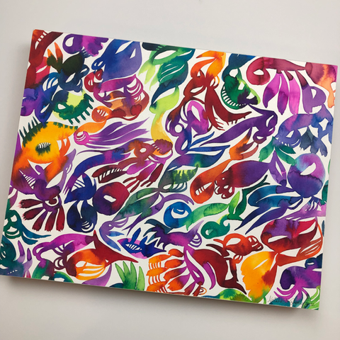 Colorful abstract creatures watercolor painting on wood panel