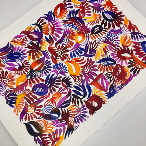 Colorful fiery abstract creatures watercolor painting mounted on wood panel