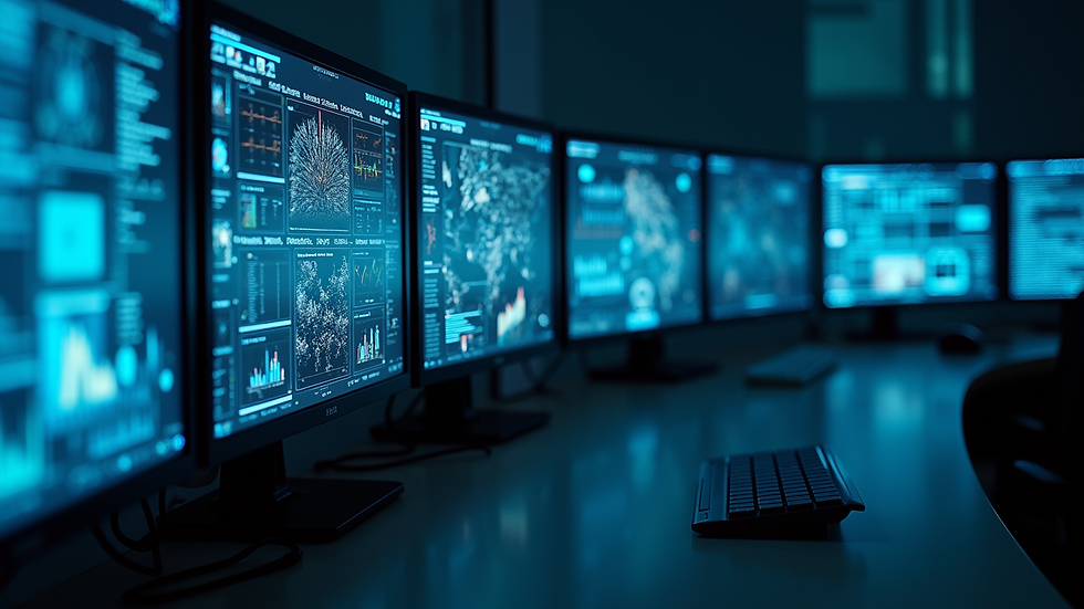 Vue latérale d'un centre de recherche en intelligence artificielle avec des écrans affichant des données complexes