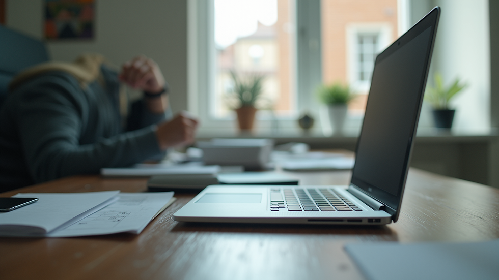 Vue en plongée d'un bureau avec un ordinateur portable et des notes sur l'IA
