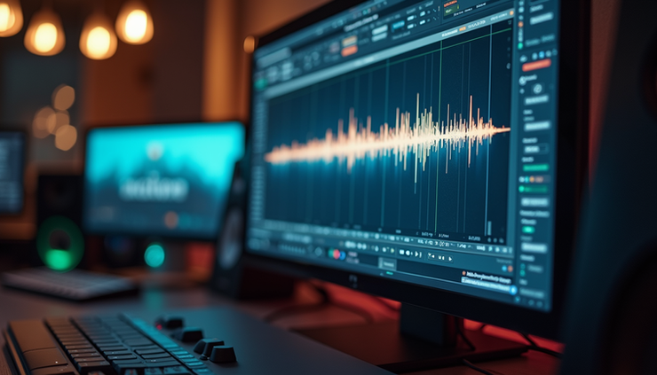 Vue latérale d’un écran d’ordinateur avec un logiciel de mastering audio et visualisation de la forme d’onde