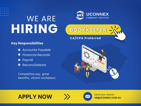 Hiring announcement graphic for a Full-Time Bookkeeper in Melbourne’s Northern Suburbs. The image features the CA/CPA Preferred qualification, key responsibilities including Payroll and Reconciliations, and mentions competitive pay with a vibrant workplace culture.