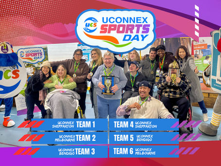 A large, diverse group of smiling Uconnex Sports Day 2025 participants and staff, including individuals in wheelchairs, posing with medals and a prominent trophy on an indoor sports court. They are flanked by the UCS (Uconnex) and HousingNet mascots. Overlaid text at the bottom identifies the teams and their locations.